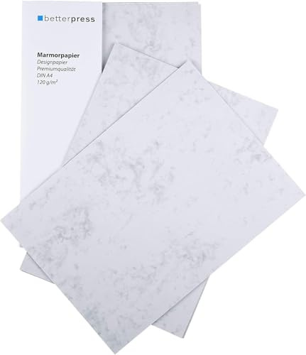 Betterpress® 100 Blatt Briefpapier Marmorpapier grau 120g, A4 – Beidseitig marmoriertes Papier in hochwertiger Qualität – Premium ideal als Speisekarte, Zertifikat, Kirchenheft und Urkunde