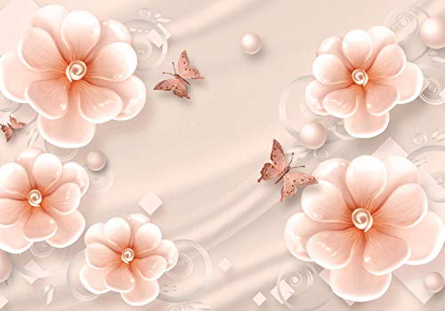 wandmotiv24 Fototapete Orange Blumen Schmetterlinge Seide Perle, S 200 x 140cm - 4 Teile, Wanddeko, Wandbild, Wandtapete, Vlies-Tapeten, Quadrate Ornamenten Kugeln Seidentuch M5232