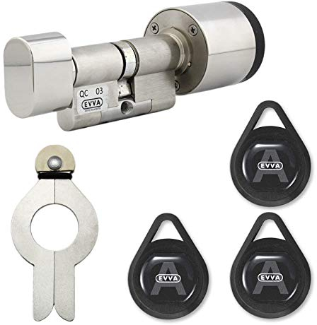 EVVA AirKey Knaufzylinder 61/61K (K=Knaufseite mechanisch) inkl. 3 KeyTags inkl. 6 KeyCredits inkl. Montagewerkzeug - alle Längen von 31/31K bis 71/71K verfügbar - Nickel poliert