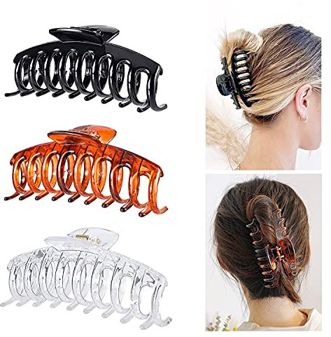 3 Stück Kunststoff Haar Klaue Clips,11 cm Große Haarklammer, Vintage Einfache Rutschfest Haarspangen, Haarnadel Dicke Haare Klaue Klammern Zubehör für Frauen Mädchen, Schwarz, Braun, Klarer Kristall
