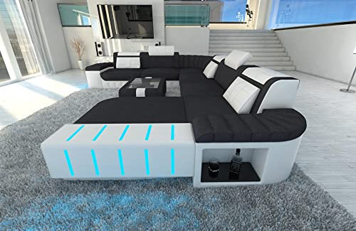 Sofa XXL Bellagio Wohnlandschaft Stoffsofa U Form - mit LED Beleuchtung, verstellbare Kopfstützen, Recamiere/Mikrofaser/Ausrichtung wählbar (Ottomane rechts, Dunkelgrau-Weiß C91)