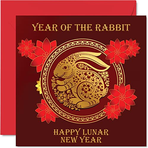 Mond-/chinesische Neujahrskarten für Frauen und Männer – Kaninchen – Happy Lunar Neujahrskarte für die ganze Familie, Schwester, Bruder, Cousin, Onkel, Tante, 145 mm, einzelne Grußkarten, Geschenk