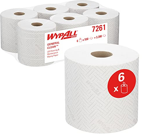 Pappersduk för rengöring och underhåll WypAll L20 General Clean 7261-2 lager centrala dispenseringsrullar - 6 rullar x 550 vita pappersdukar (totalt 3 300)
