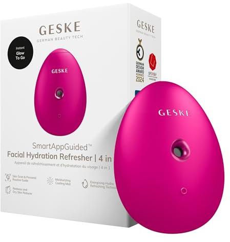 GESKE | SmartAppGuided™ Facial Hydration Refresher | 4 i 1 | Vattenfördelare | Ansiktsångare | Vattenspray | Ansiktsmister | Ansiktsrengöringsenhet | Mister | Kosmetika | Naturlig lyster