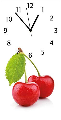 Wallario Design-Wanduhr Saftige Süß-Kirschen mit grünem Blatt aus Glas, Motiv-Uhr Größe 30 x 60 cm, Schwarze Zeiger