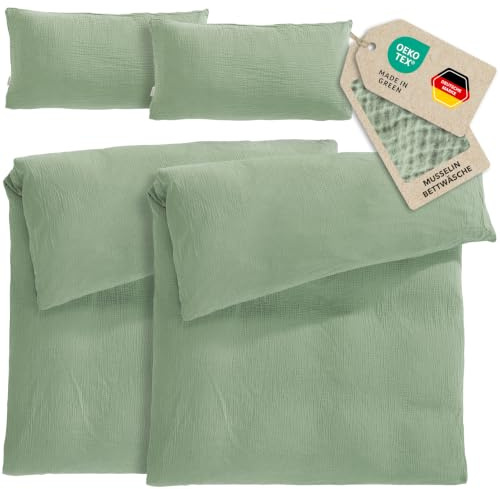 Pure Label Musselin Bettwäsche 4tlg 2x155x220+2x40x80 - Grün | Traumhaft weiche, kuschelige Bettwäsche-Sets aus Musselin - 40° Waschbar
