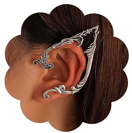 Yheakne Pendientes góticos de elfo, pendientes de plata de elfo, pendientes vintage de cartílago de hadas, pendientes de clip de oreja de elfo, joyería para mujeres y niñas (izquierda)