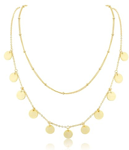 LOLIAS Kette Gold Damen Layering Halskette 18k Vergoldet Silber & Rosegold Wasserfest Lange Ketten mit Anhänger für Frauen Doppel Mehrreihige Zarte Goldene Kette Damen Rund Plättchen Schmuck
