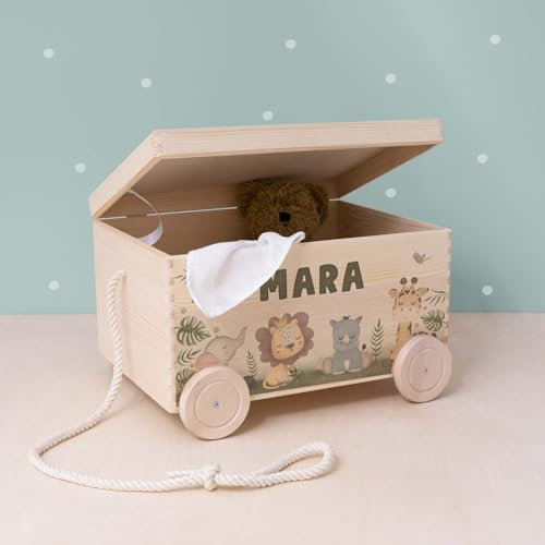 hellomini Personalisierte Spielzeugkiste aus Holz zur Aufbewahrung - Stapelkiste Holz - Spielzeugkiste Kinderzimmer - Personalisiertes Geschenk für Kinder (Safari)
