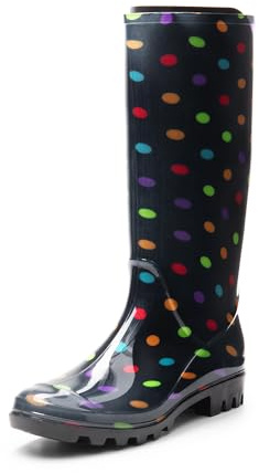 DREAM PAIRS Botas de Agua Mujer Alta Caña con Punta Reforzada Zapatos de Lluvia Impermeable Botas de PVC de Moda Flexible y Antideslizante,Size 37,MULTISPOT,SDRB2407W-E