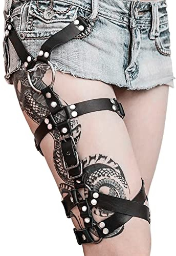 TUYMNI Jarretière punk en cuir synthétique pour femme - Noir - Sexy - Réglable - Jarretière de cuisse - Anneau de jambe - Harnais - Jupe gothique - Pour cosplay, fête, Halloween - Costume pour femme,