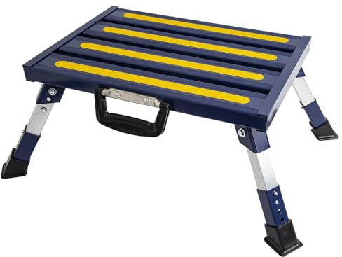 Homeon Wheels RV Step Stool, Portable Folding Aluminum Platform with Anti-Slip Surface and Handles, Adjustable Height Safety Step Supports Up to 1000 lbs, for Camping, Travel Trailer, Truck, Blue