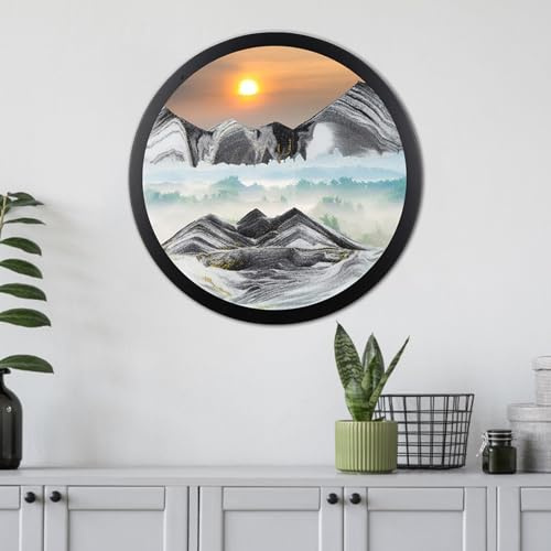 Cadre Sable Mouvant, Sablier de Relaxation 3D Verre Rond, Image d'Art en Mouvement, Peinture Qui Coule Paysage de La Mer Profonde pour Maison, Bureau, Café