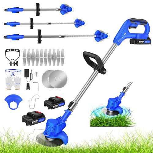 21V Garden Strimmer Electric Lawn Mower, Lightweight Telescopic Brush Cutter with Adjustable Head, 2x1500mAh Battery And Charger, 10PCS Metal Blade for Lawn Garden Pruning