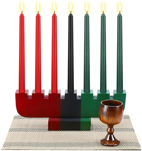 Zubebe Kwanzaa Kinara-Set, 3 rot, 3 grün, 1 schwarz, Kwanzaaa-Kerzen-Set, Kwanzaa Kinara, Bambus-Tischmatte, Kwanzaaaa-Kerzenhalter, Holz-Weinkelch für Kwanzaaa-Feier-Dekoration (rot, grün, schwarz),