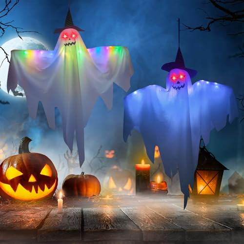 Ciskotu 2 Stück Halloween Deko Geist, Hängende Geister Leuchtend mit Lichterketten, Halloween Geister Deko Gruselig Outdoor Draußen für Garten, Terrasse, Rasen, Vorgarten Deko