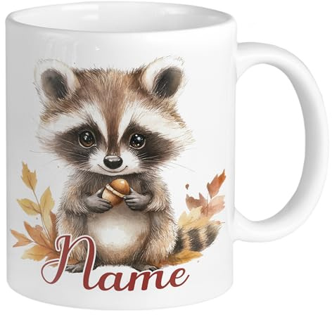 GRAZDesign Tasse Waschbär mit Namen personalisiert, Becher mit Herbstmotiv, Geschenk für Waldliebhaber, Keramik 330ml