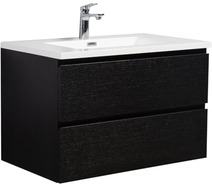 Badplaats B.V. Badezimmer Badmöbel-Set Angela 80cm - Schwarz Holz - Unterschrank Schrank Waschbecken Waschtisch