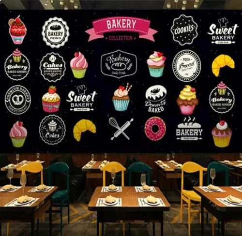 vsdhlsidgl 3D-Wandtapete, handbemalt, Fast-Food-Dessertladen, buntes Graffiti, schwarzer Hintergrund, Wandtapete, 3D, 300 x 210 cm
