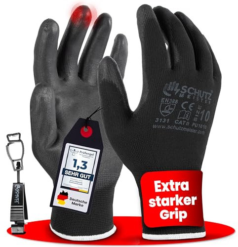 schutzmeister® 12 Paar Premium PU Arbeitshandschuhe, Größe 7/S - 11/XXL - atmungsaktiv, starker Grip, feines Tastgefühl, Montage, Garten-Handschuhe, Sicherheitshandschuhe - Herren, Damen, Mechaniker