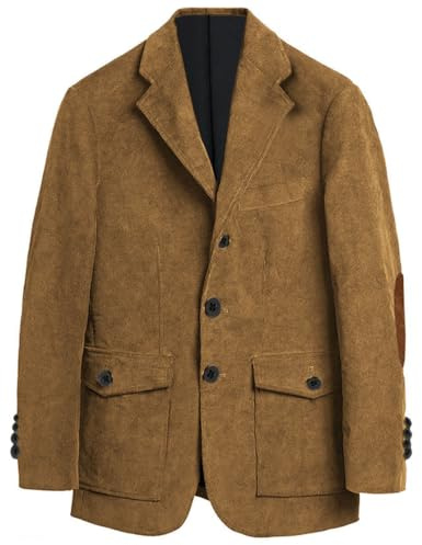 Men's Corduroy Elbow Patch Blazer Jacket Single Breasted Notch Lapel Winter Sport Coat for Wedding Light Brown XS
