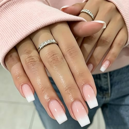 KQueenest Ombré Rosa Press On Nails Lange Mittel Eckig, Sarg Nägel zum Aufkleben French, Glänzende Jelly-Gel Fake Nails Fingernägel zum aufkleben Ballerina, Acryl Kunstnägel für Frauen, 24 Stück