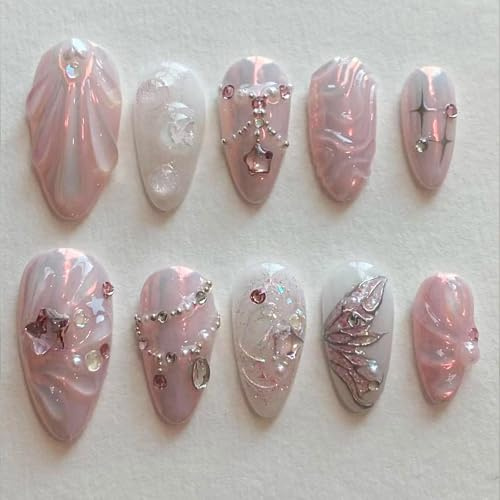 GlamRays Lot de 24 faux ongles à coller en forme de papillon pailleté - Printemps et été - Pour femme