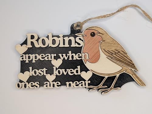 Memorial Robin Wooden Plaque, 'Robins Appear When Lost Loved Ones Are Near', 14cm x 8cm, Black and Natural Wood