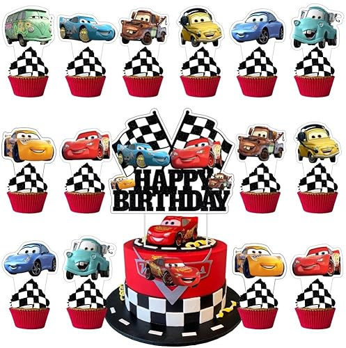 25 Pcs Cake Topper and Cupcake Toppers Set Birthday Party Supplies for Cars Themed Birthday Decorations