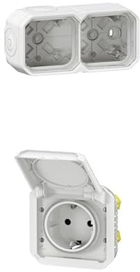 LEGRAND, Plexo New Feuchtraum Aufputzdose 2-fach, horizontal/vertikal installierbar, Weiß, 069690L +2x Plexo New Einsatz, Steckklemmen, Feuchtraum-Steckdose, IP44 - IK08, Weiß, 069640L