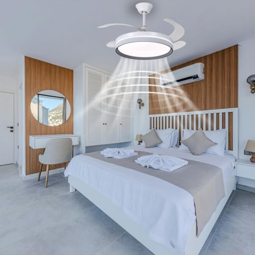 ATEEZ 120CM Blanco Ventilador Techo Con Luz Y Mando Distancia LED Regulables Reversible DC Motor Aspas Retráctiles Lampara Ventilador Techo Silencioso Para Dormitorio Cocina