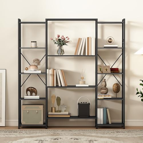 DWVO Industrielles Stehend Bücherregal, Standregal Aus Holz Und Metallrahmen, Präsentationsregal Für Wohnzimmer Mit 13 Regalen, Heimbüro, Schwarz