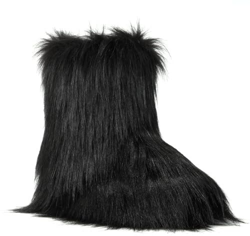 Fallzor Faux Fur Boots for Women Furry Comfortable Fluffy Winter Shoes Warm Fuzzy Mid-Calf Snow Boots Outdoor Indoor Flat Shoes