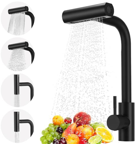 Vuxava Robinet Cuisine Noir avec Douchette Extractible – Mitigeur Cuisine avec 4 Modes de Pulvérisation, Robinet Évier de Cuisine Rotatif 360° en Inox Haute Pression avec Cascade & Jet
