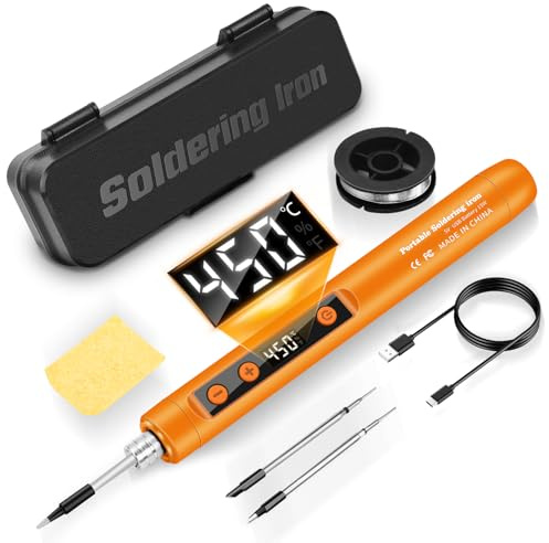 Daakro Kabelloser USB Lötkolben Set mit LCD Display - Temperatur Einstellbar 180-450°C, mit 3 Lötspitzen & Zubehör - Lötset für Reparaturen & Elektronik (Orange)