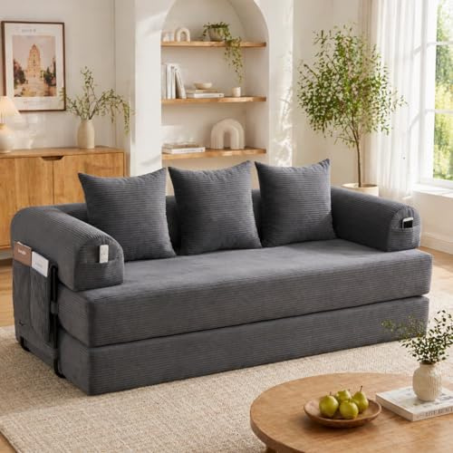 PUGSDRLY Canape Dangle Convertible 3 Places,Canapé Modulable avec 3 Coussins,Sac de Rangement,Modules Combinables Librement,Velours Côtelé,Montage Simple,pour Salon,Chambre(Gris Foncé)