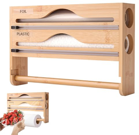 3-i-1 matfoliedispenser av trä med köksrullehållare, plastfoliedispenser av bambu, väggrullehållare, plastfolie dispenser för restaurang