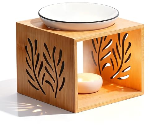 GOMETY Lámpara aromática de cerámica de bambú, portavelas con cuenco extraíble, quemador de aceite para aceites esenciales y cera aromática, lámpara decorativa para el hogar, oficina, spa y yoga