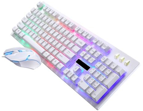 GRIRIW Ensemble Clavier et Souris Filaires Mécaniques pour Gamer, Rétroéclairage LED Blanc, Clavier USB Mécanique Suspendu, Souris Haute Précision, Jeu PC Bureau à Domicile, Solide