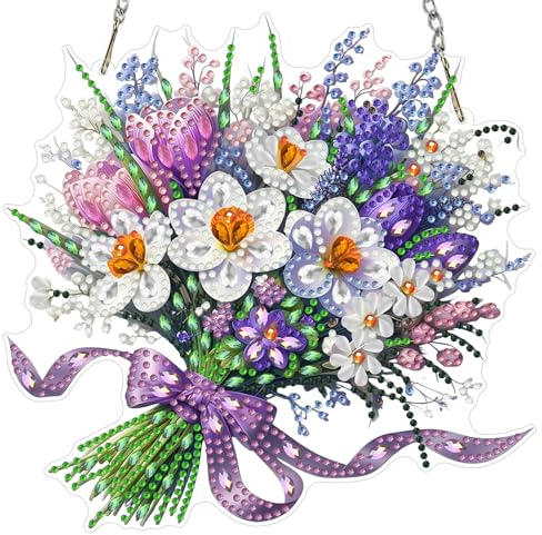 MXJSUA Spring Bouquet Flowers Diamond Painting Art Window Suncatchers, Diamond Art Kits for Adults Hanging Ornaments with Chain, Special Shape Crystal Diamond Pendant Accessories for Decor Gift