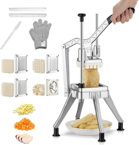 Coupe Frites Manuel Professionnel Inox – Légumier à Bâtonnets Multifonction pour Pommes de Terre – Accessoire de Cuisine pour Restaurant – 4 Grilles de Rechange (13/9/6 mm) + Vide-pomme 6 Quartiers
