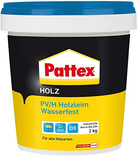 Pattex Holzleim wasserfest Leim D3 mit hoher Wasserbeständigkeit - Holzkleber extra stark für alle Holzarten - Holzleim für Treppen, Fenster und Massivholz, 1kg transparent