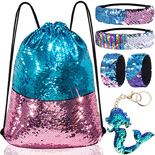 GA&EN Mermaid Reversible Sequin Drawstring Backpack, Blue/Pink Dance Bag for Girls Kids with Headband Keychain Bracelet for Christmas Gift Princess Dress Up Clothes Costume Party Birthday