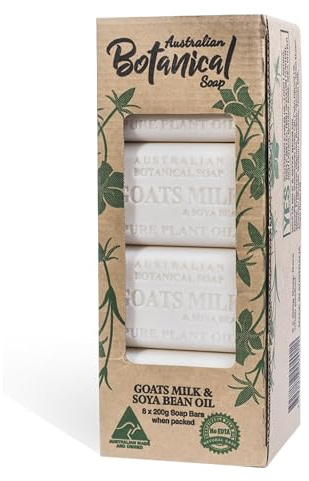Australian Botanical Soap Goats Milk Bars, 6.6 oz Each, Pack of 8, Triple Milled with Soya Bean Oil & Organic African Shea Butter, Cleansing Bar Soap, Packaging May Vary