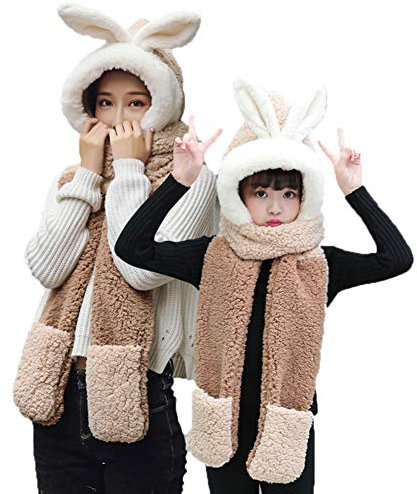 Nwcl 3-in-1 Kinder Erwachsener Dame Plüsch Mütze Schal Handschuh Set Winter Super Weichem Plüsch Volle Haube Warm Thermal Fleece Hüte mit Ohren, Tasche, Schal, Jungen und Mädchen (27,L)
