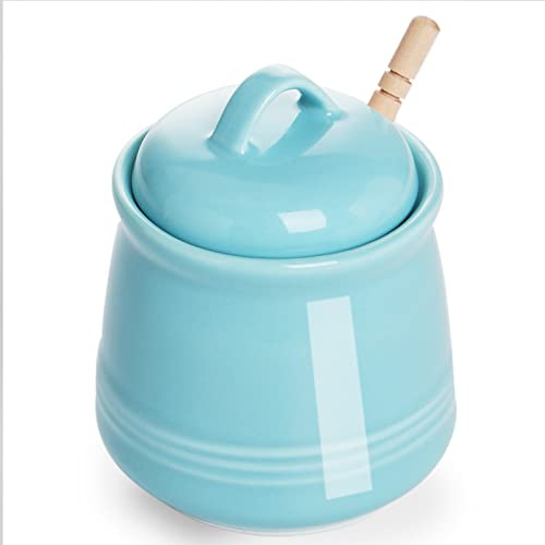 HAOTOP Ceramic Honey pot with Lid and Honey Stick,Porcelain Honey Jar Easy to Clean and Dishwasher Safe,12oz (Blue)