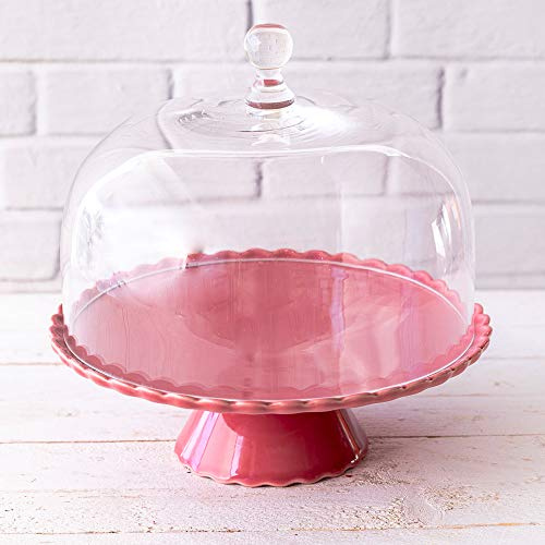 Tortenplatte Sweet Flower Medium, Himbeerrot, Ø 28 cm mit Glashaube | Tortenständer Kuchenplatte Kuchenständer aus Keramik für Hochzeiten Geburtstage Partys