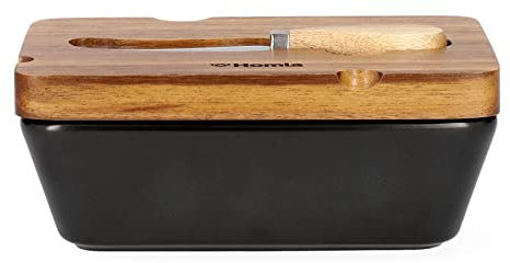 HOMLA Mooka Burriera in Porcellana con Coperchio in Legno e Coltello da Burro - Portaburro per il Frigo - Contenitore per Burro con Coperchio - Grande Vasoio per Burro - 16x11 cm
