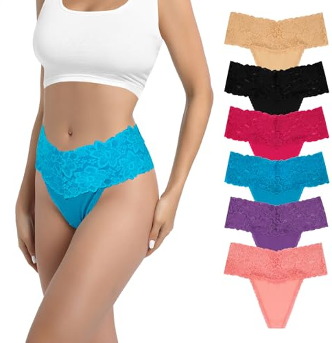 Deigecil High Waist Retro Thongs For Women Wide Band Soft Cmfy Seamless Lace Cotton Women's Panties Plus Size Pack of 6