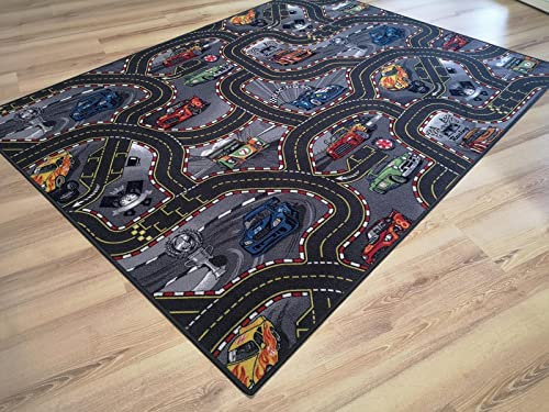 Teppich Janning Kinderteppich Straßenteppich Racing Auto grau anthrazit Rennstrecke Spielteppich (140 x 200 cm)